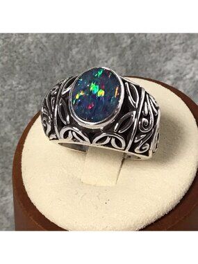 Sterling Silver Black Opal Artisan Designed Ring 12 Grams Size 6.5